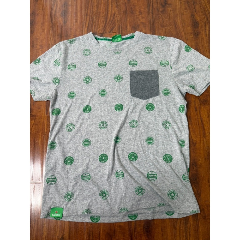 HEINEKEN SZ L T-Shirt Heathered Gray Allover Green Round Logo Heineken Beer/Bier